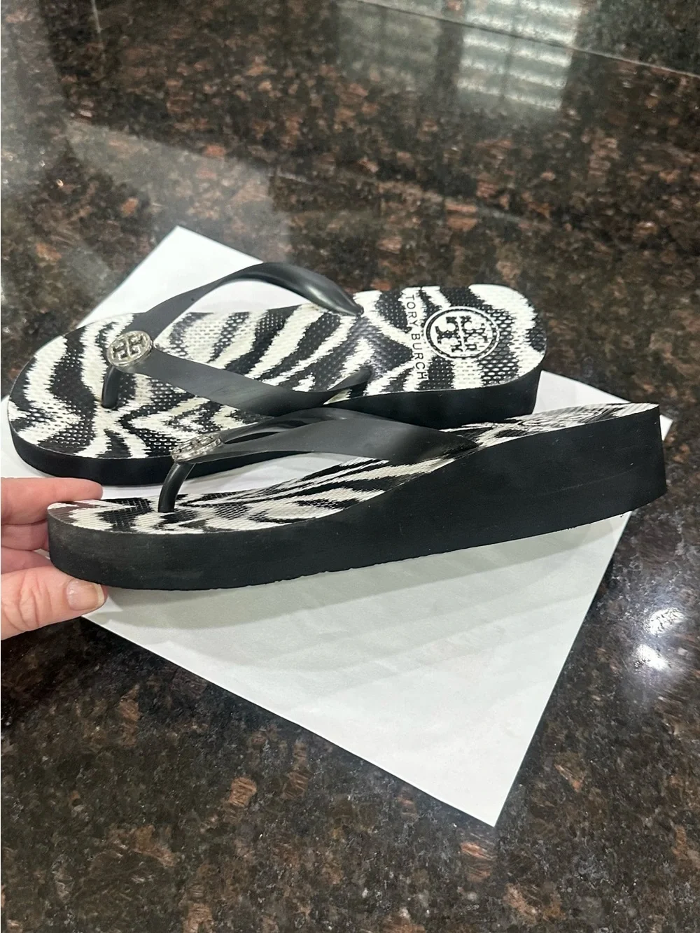 Tory Burch Black and White Zebra-Print Wedge Flip Flops